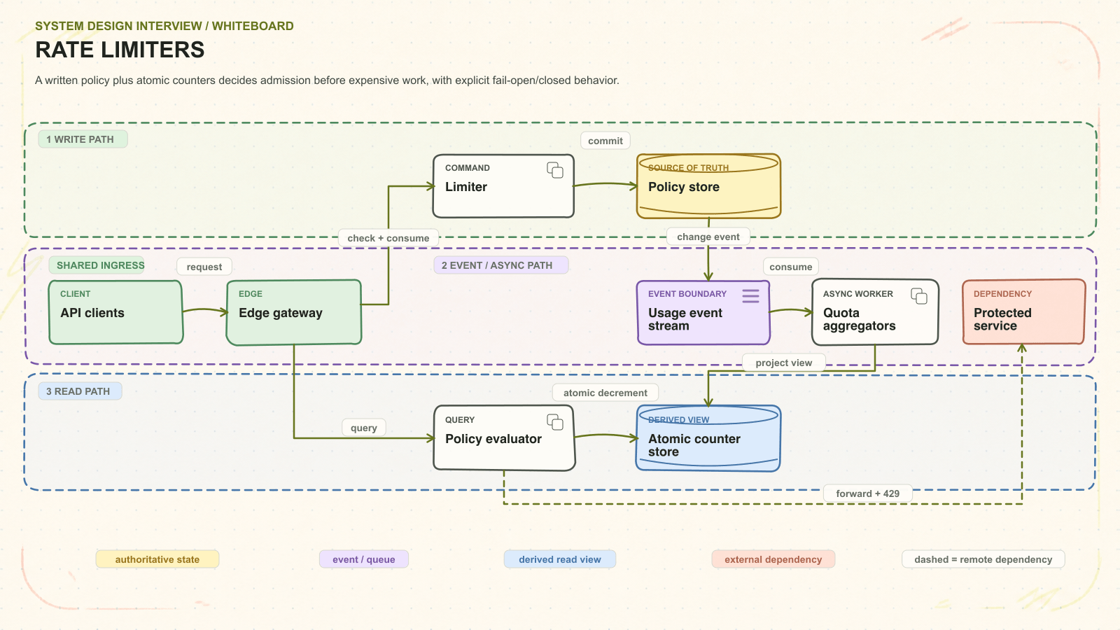 Rate limiters system architecture. A written policy plus atomic counters decides admission before expensive work, with explicit fail-open/closed behavior. Request path: API clients to Edge gateway to Limiter to Policy store. Asynchronous path: Usage event stream to Quota aggregators. Read path: Policy evaluator to Atomic counter store. External dependency: Protected service.