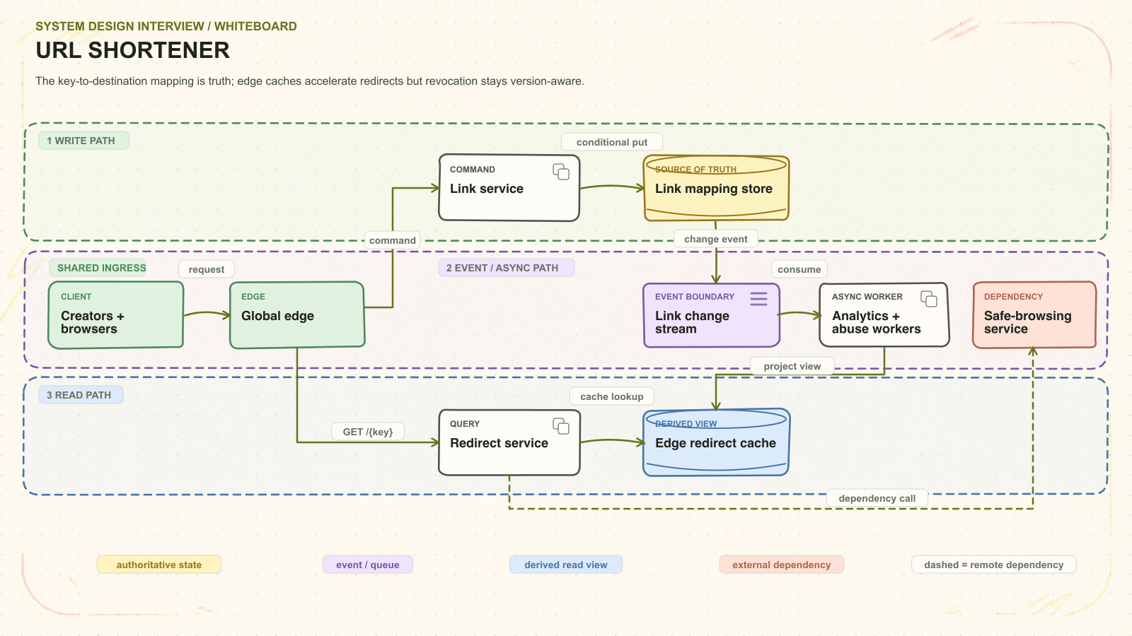 URL shortener system architecture. The key-to-destination mapping is truth; edge caches accelerate redirects but revocation stays version-aware. Request path: Creators + browsers to Global edge to Link service to Link mapping store. Asynchronous path: Link change stream to Analytics + abuse workers. Read path: Redirect service to Edge redirect cache. External dependency: Safe-browsing service.
