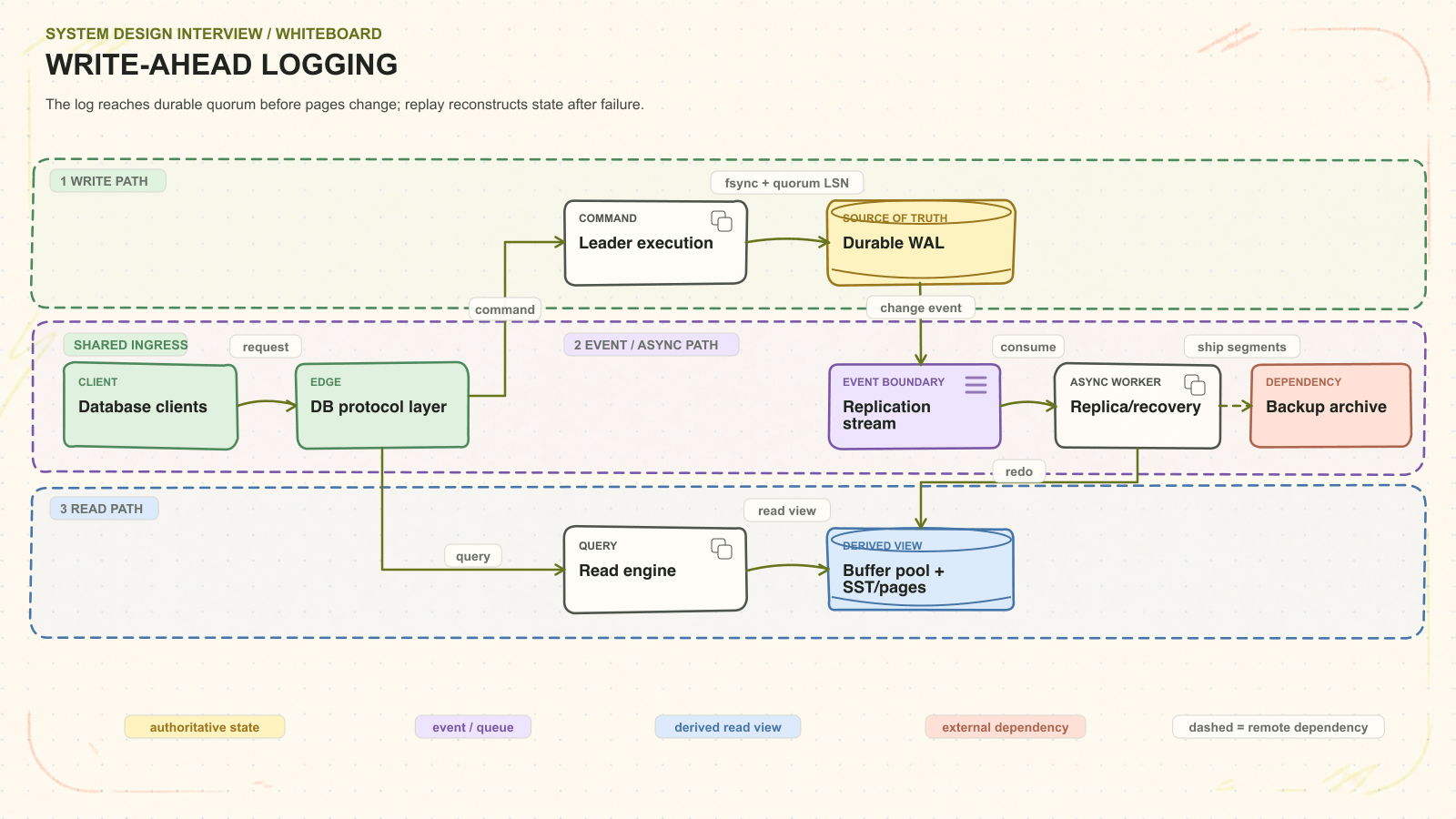 Write-ahead logging system architecture. The log reaches durable quorum before pages change; replay reconstructs state after failure. Request path: Database clients to DB protocol layer to Leader execution to Durable WAL. Asynchronous path: Replication stream to Replica/recovery. Read path: Read engine to Buffer pool + SST/pages. External dependency: Backup archive.